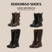 复古绑带骑士靴长靴女高筒皮带扣大筒围长筒靴厚底加绒加宽大码