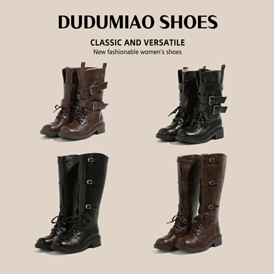 复古绑带骑士靴长靴女高筒皮带扣大筒围长筒靴厚底加绒加宽大码41
