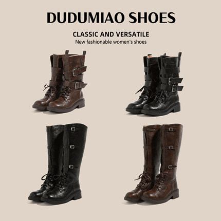 复古绑带骑士靴长靴女高筒皮带扣大筒围长筒靴厚底加绒加宽大码41