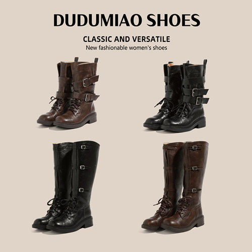 复古绑带骑士靴长靴女高筒皮带扣大筒围长筒靴厚底加绒加宽大码41