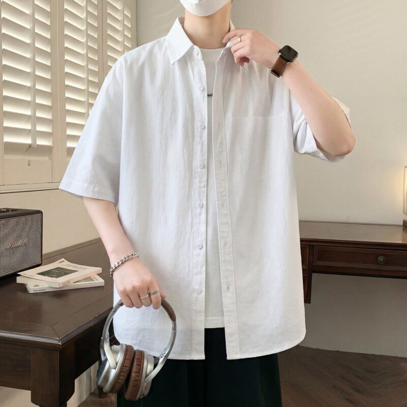 白色短袖衬衫男夏季新款宽松休闲纯色上衣男士基础款五分袖衬衣潮