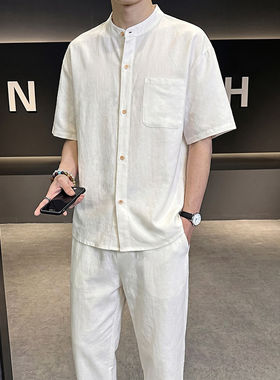男士夏季套装2026新款潮流休闲立领七分袖衬衫男款轻熟风搭配一套
