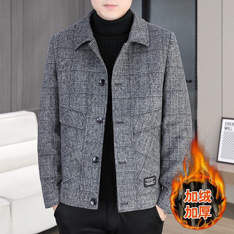 秋冬季新款格纹毛呢夹克男士韩版休闲加绒加厚短款呢子大衣外套潮