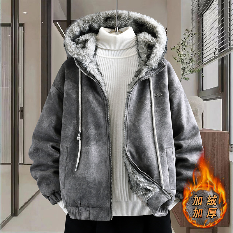 2025冬季连帽加绒加厚麂皮绒夹克外套男士青少年学生保暖棉服褂子