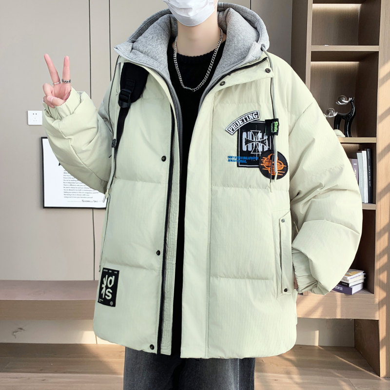 冬季新款潮牌美式假两件羽绒服男款加厚休闲宽松白鸭绒外套男以純
