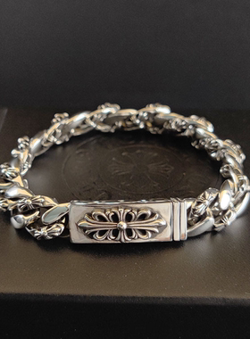 CH克罗伈S925银十字花守护者半花手链欧美插片做旧朋克男女款手环