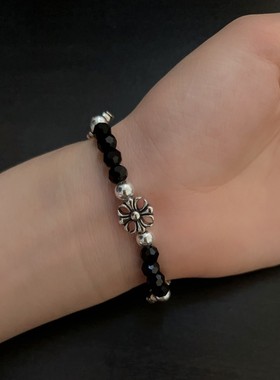 CH克罗伈黑曜石8MM切面十字花配珠手链情侣欧美朋克百搭男女手串