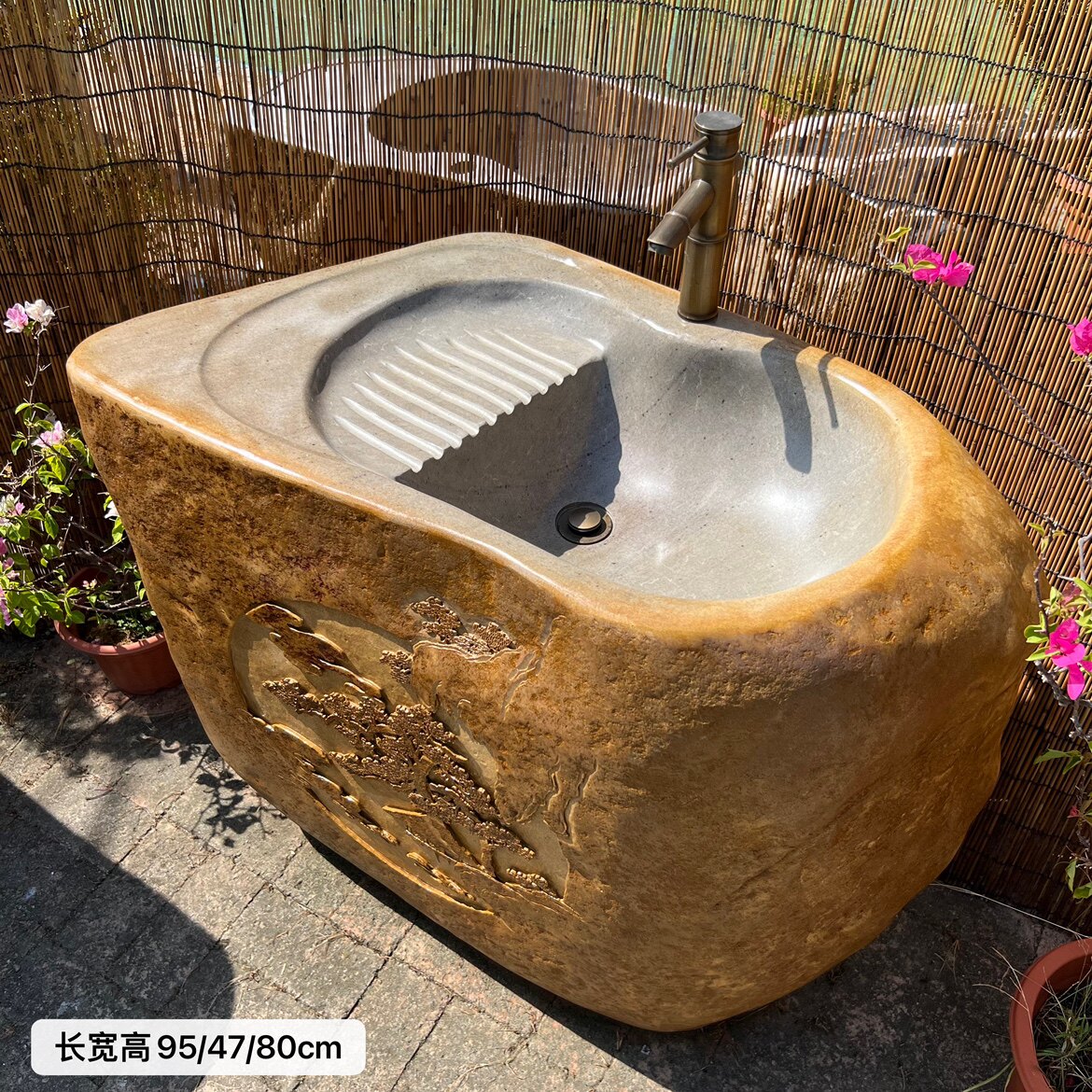 户外石头洗手盆一体立柱式盆洗脸立柱盆