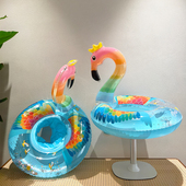 新款 儿童彩色亮片火烈鸟游泳圈加厚可爱火焰鸟救生圈