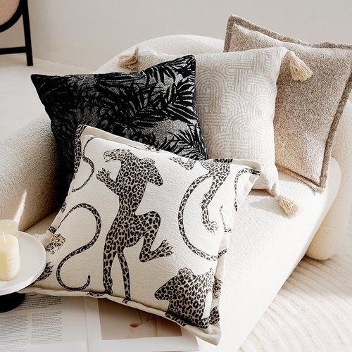 奶油色青色豹纹中古沙发抱枕套