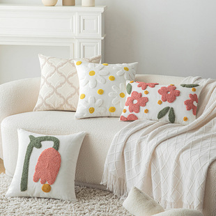 北欧花朵簇绒抱枕网红ins风郁金香靠枕客厅沙发可爱靠垫方枕腰枕