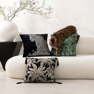 美式刺绣豹子抱枕套复古沙发客厅靠枕样板间靠垫抱枕黑色轻奢ins