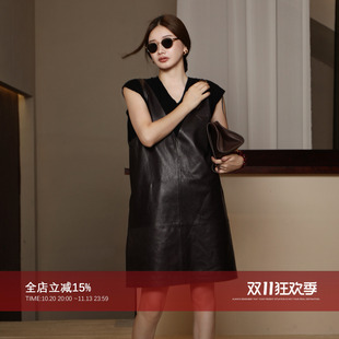 CHU楚妞[皮漾]进口油蜡羊皮背带连衣裙2026春季新款女老钱风裙子
