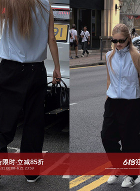CHU楚妞【标杆】四角标黑色手工缝线工装裤宽松显瘦休闲阔腿长裤