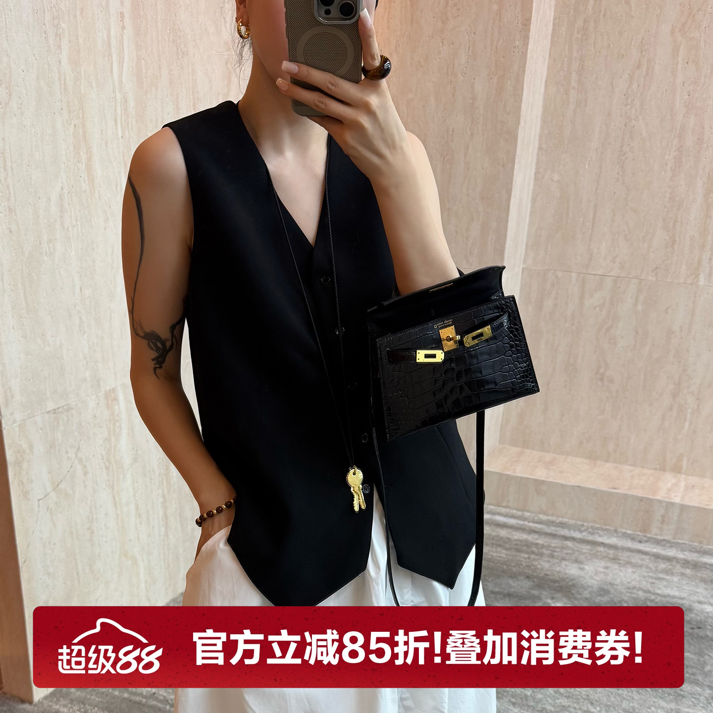 CHU楚妞[玄影]醋酸无袖单排扣背心2025夏季新款女老钱风叠穿马甲