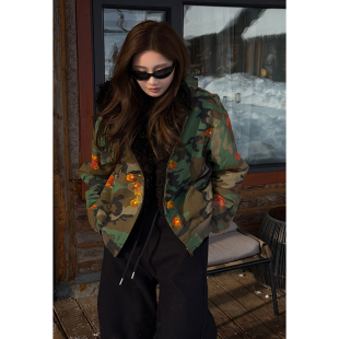 新款 纯棉加绒迷彩印花连帽短外套2025冬季 女卫衣 野序 CHU楚妞