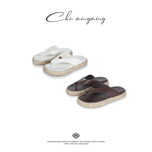 厚底编织麻绳牛皮沙滩夹趾凉鞋