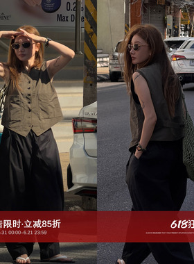 CHU楚妞[一夏]精纺棉单排扣口袋马甲2026春夏季新款女复古上衣