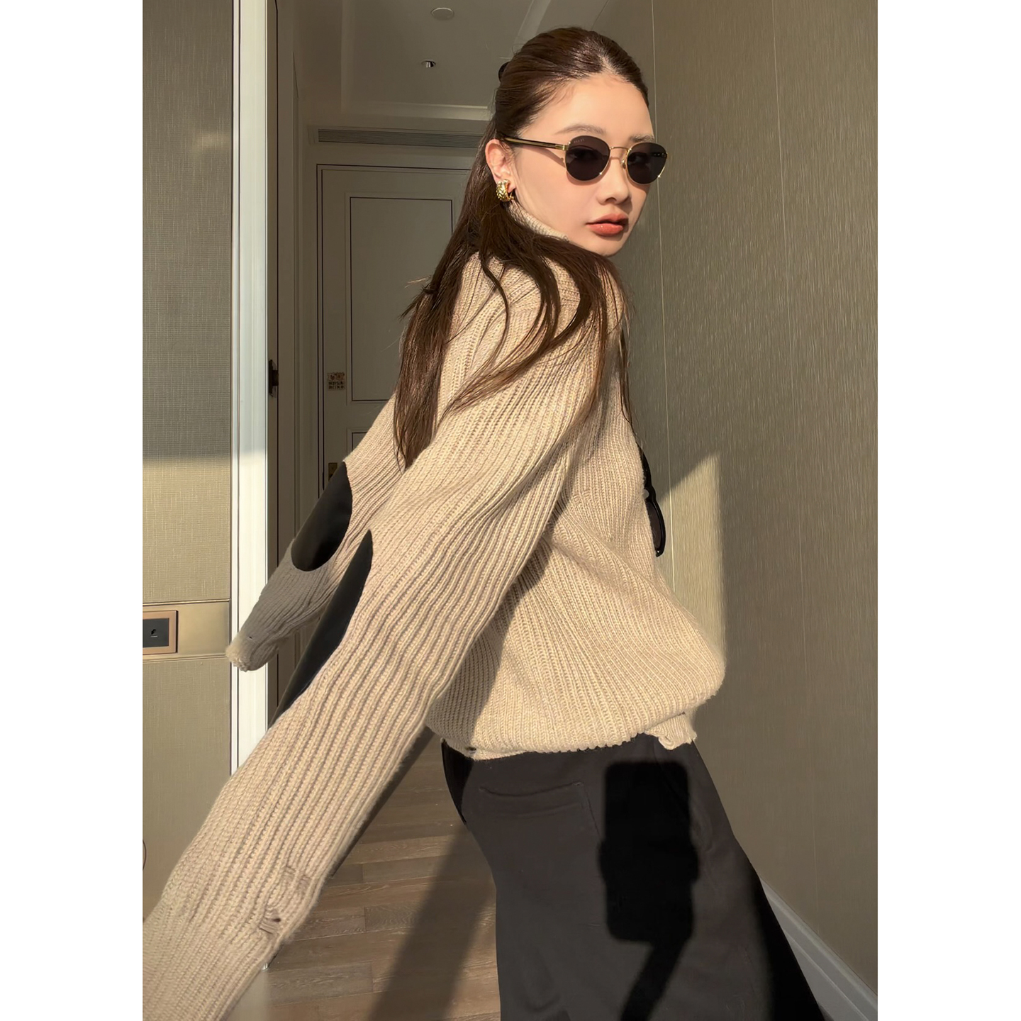 马吉拉羊毛马海毛拼皮针织衫毛衣