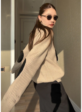 CHU楚妞[布丁]马吉拉羊毛马海毛拼皮针织衫2025秋冬季新款女毛衣