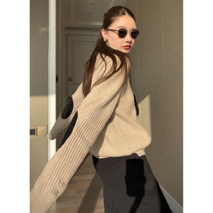 CHU楚妞[布丁]马吉拉羊毛马海毛拼皮针织衫2025秋冬季新款女毛衣