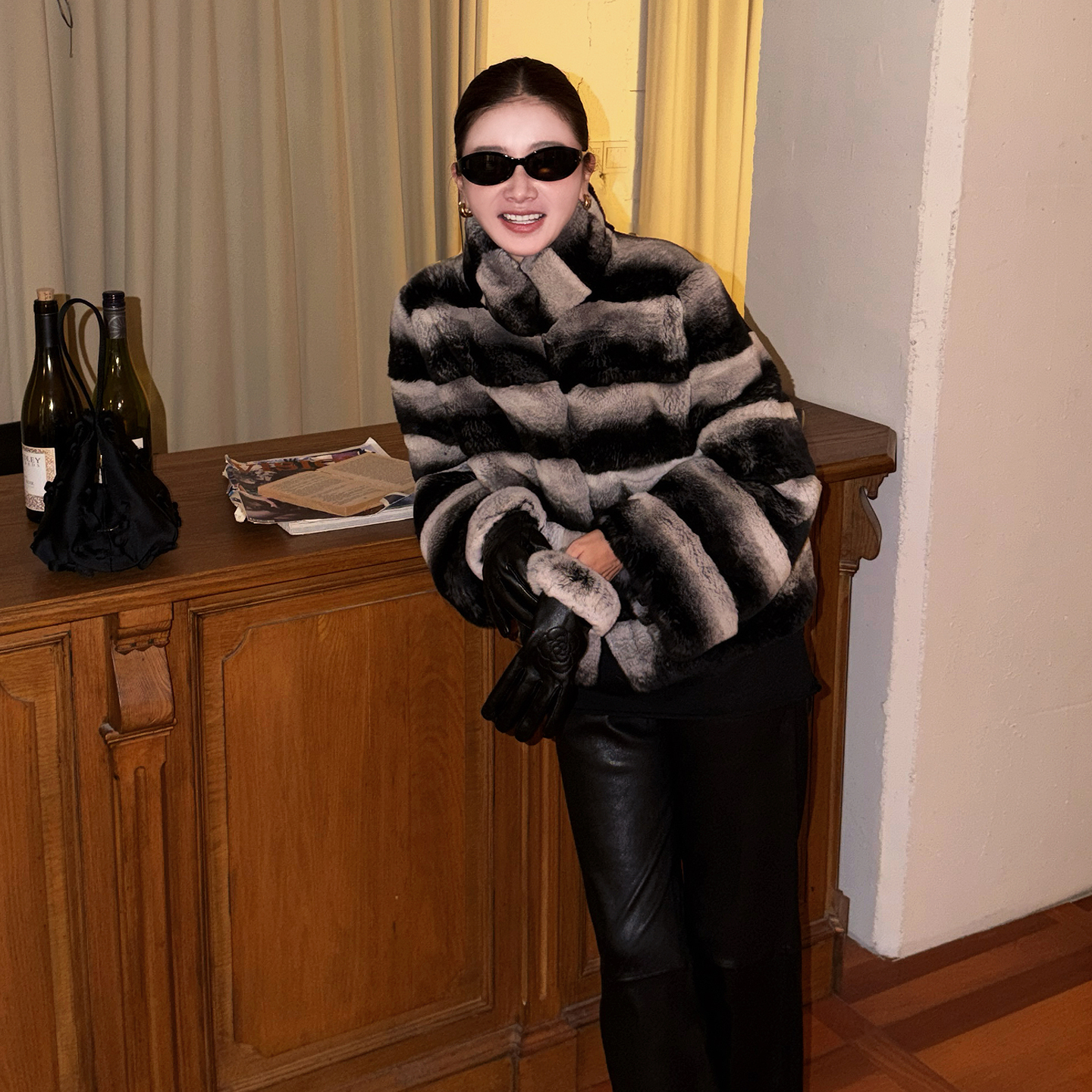 CHU楚妞[墨影]法国进口龙猫色雷克斯獭兔毛皮草外套PGL2511