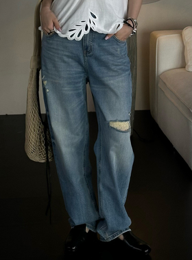 CHU楚妞[尔西]水洗休闲裤2026夏季新款女破洞美式复古牛仔裤子潮