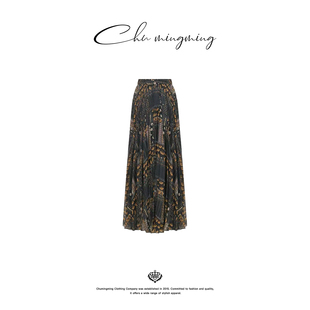 新款 CHU楚妞 A字半身裙2026春季 乔其纱复古印花中长款 女裙子 影纱