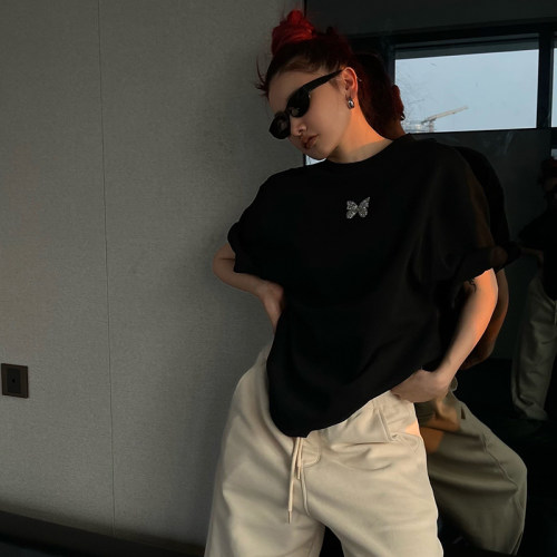 夏季新款纯棉蝴蝶烫钻短袖T恤