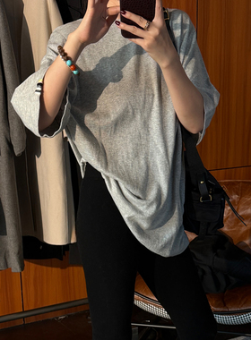 CHU楚妞[雾棉]纯棉素色针织短袖T恤2026春夏季新款女阔版百搭上衣