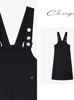 [CHU/2025SSNEW]原创设计牛仔宽松休闲时尚黑色银扣吊带裙2447