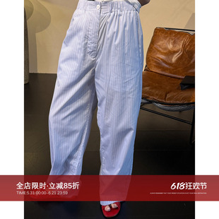 CHU楚妞纯棉竖条纹休闲长裤2026夏季新款女慵懒风直筒阔腿裤子