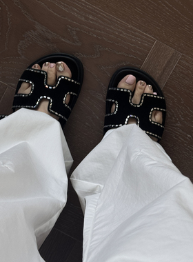 CHU楚妞羊反绒镶钻魔术贴厚底型二舅拖鞋春夏季新款女凉鞋