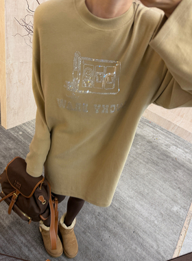 CHU楚妞[77游戏机]260G纯棉字母烫钻长袖T恤2025秋冬季新款女裙子