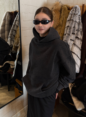 CHU楚妞[墨星]纯棉洗水满天星烫钻连帽卫衣2025秋冬季新款女上衣