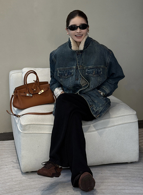 CHU楚妞[丹绒]做旧单宁色牛仔加绒短外套2025冬季新款女复古夹克