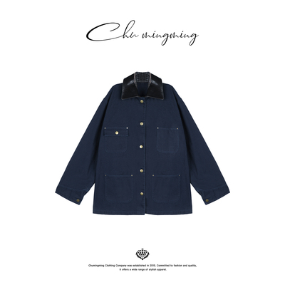 CHU楚妞[苍烬]纯棉牛仔拼皮P家帆布工装短外套夹克NICK2504