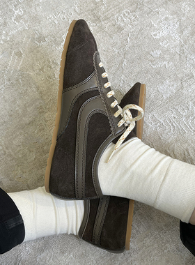 CHU楚妞[拼色]牛反绒牛皮休闲鞋额春季新款女复古平底德训鞋