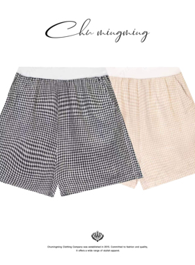 CHU楚妞[光影]亚麻细格纹休闲短裤夏季新款女简约经典裤子