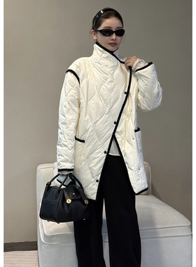 CHU楚妞[留白]菱格纹撞色包边90白鸭绒羽绒服2025冬季新款女外套