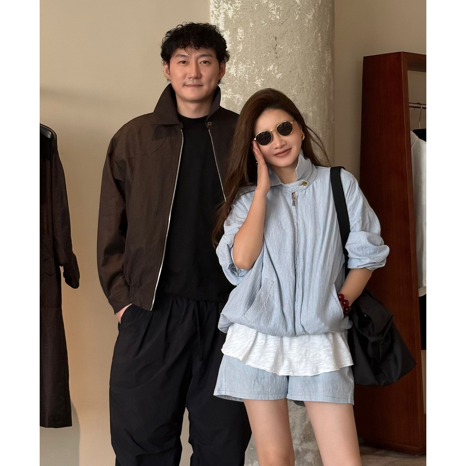 纯棉条纹衬衫外套短裤宽松套装