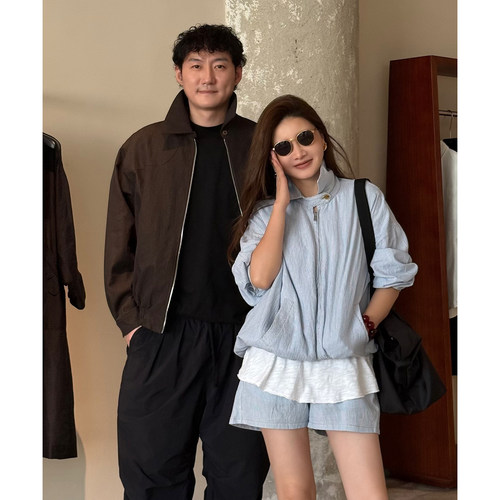 纯棉条纹衬衫外套短裤宽松套装