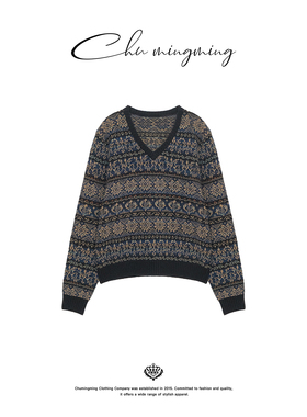 CHU楚妞[申菱]精纺羊毛费尔岛V领针织衫2025冬季新款女毛衣上衣