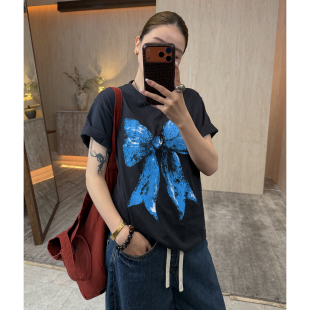 新款 CHU楚妞 T恤2026春夏季 纯棉蝴蝶结印花圆领短袖 女上衣 蝶印