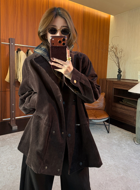 CHU楚妞[格绒]灯芯绒格纹假两件短外套2025秋冬季新款女复古大衣