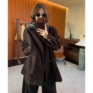 新款 灯芯绒格纹假两件短外套2025秋冬季 女复古大衣 格绒 CHU楚妞