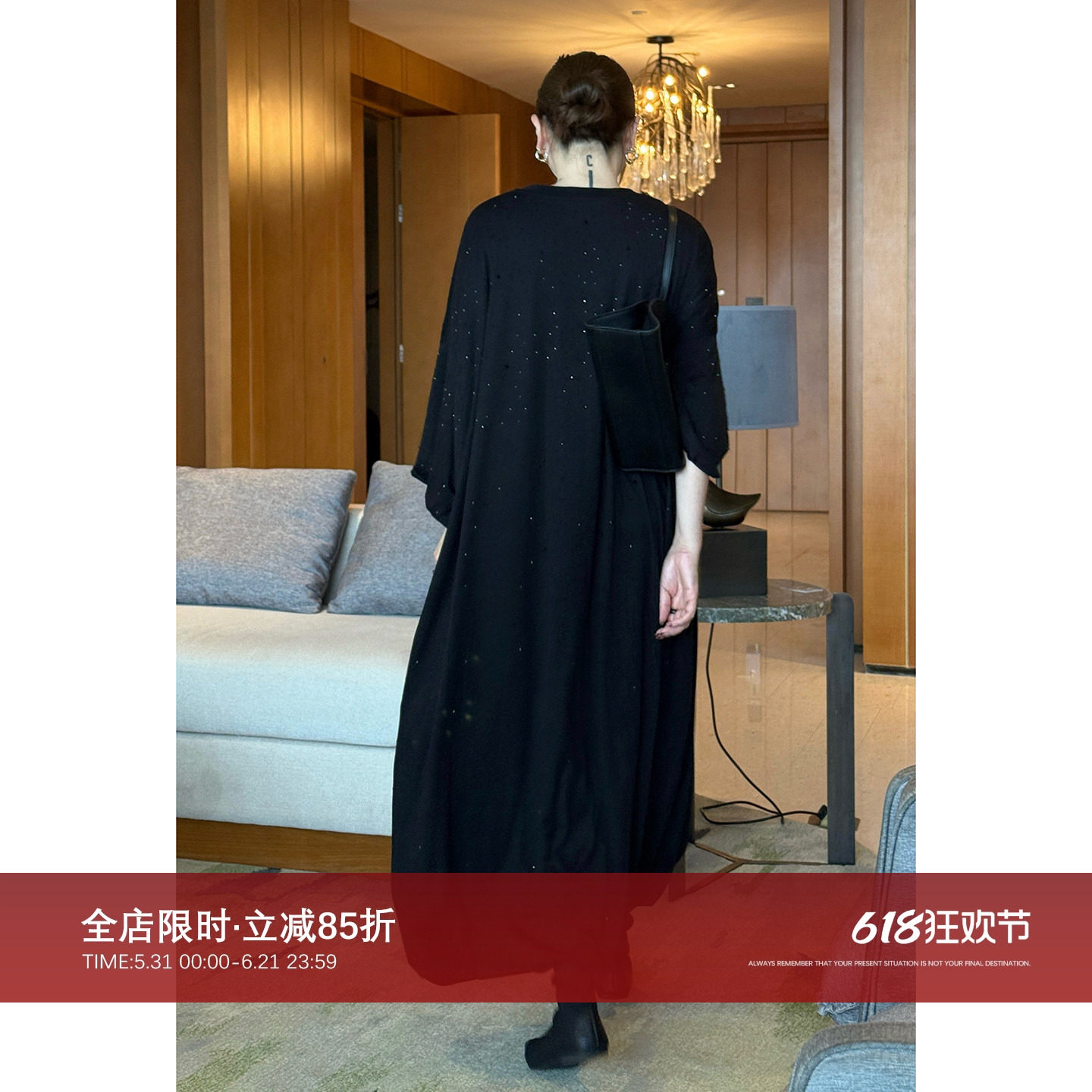 CHU楚妞[星河钻T裙]天丝棉烫钻T恤连衣裙2026春季新款女小黑裙子
