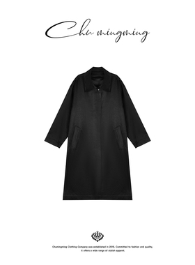 CHU楚妞醋酸方领插袋长款风衣2026春季新款女黑色阔版外套大衣