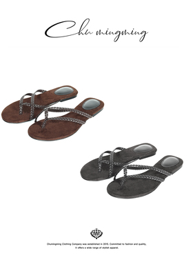 CHU楚妞真皮编织夹趾人字凉拖春季新款女平底人字度假风拖鞋