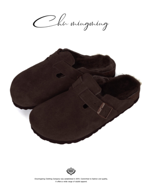 CHU楚妞真皮羊毛软底勃肯鞋女秋冬新款新品加绒保暖毛毛拖鞋